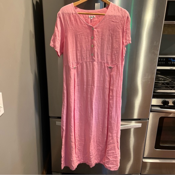 FOCUS PINK linen V-Neck long DRESS Pearl Buttons Gauzy Beach Lagenlook USA made - Picture 9 of 16